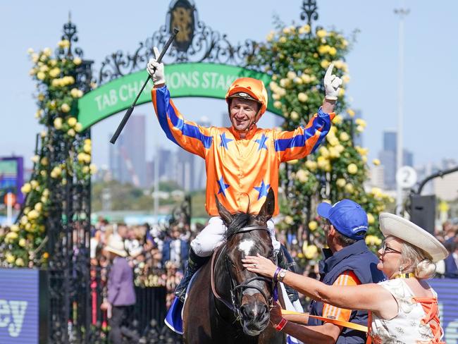 Imperatriz ridden by Opie Bosson returns to the mounting yard after winning the Darley Champions Sprint at Flemington Racecourse on November 11, 2023 in Flemington, Australia. (Photo by Scott Barbour/Racing Photos via Getty Images)