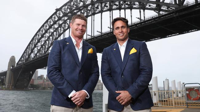 Australia's Tom Slingsby and Ky Hurst during the launch of SailGP in Sydney. Picture: Brett Costello