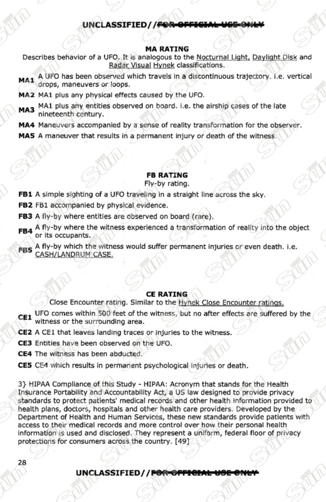 Classifications for different encounters with UFOs and ‘entities’.