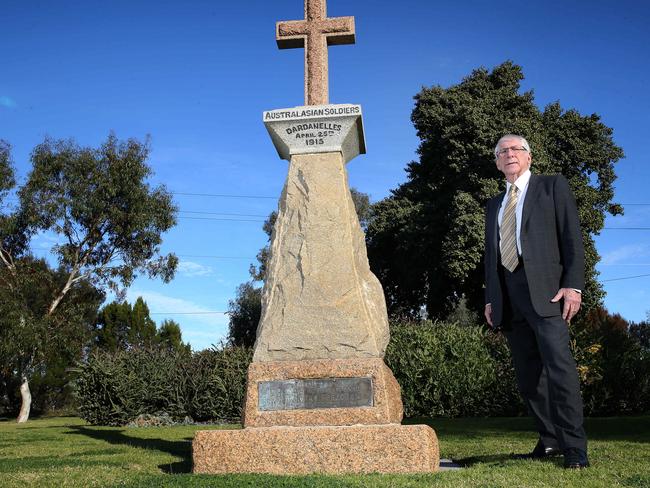 Walter Dollman, grandson of the 27th Battalion’s commander, with the Dardanelles Cenotaph. Picture Dean Martin