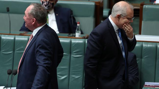 Barnaby Joyce and Scott Morrison in question time in August. Picture: Gary Ramage