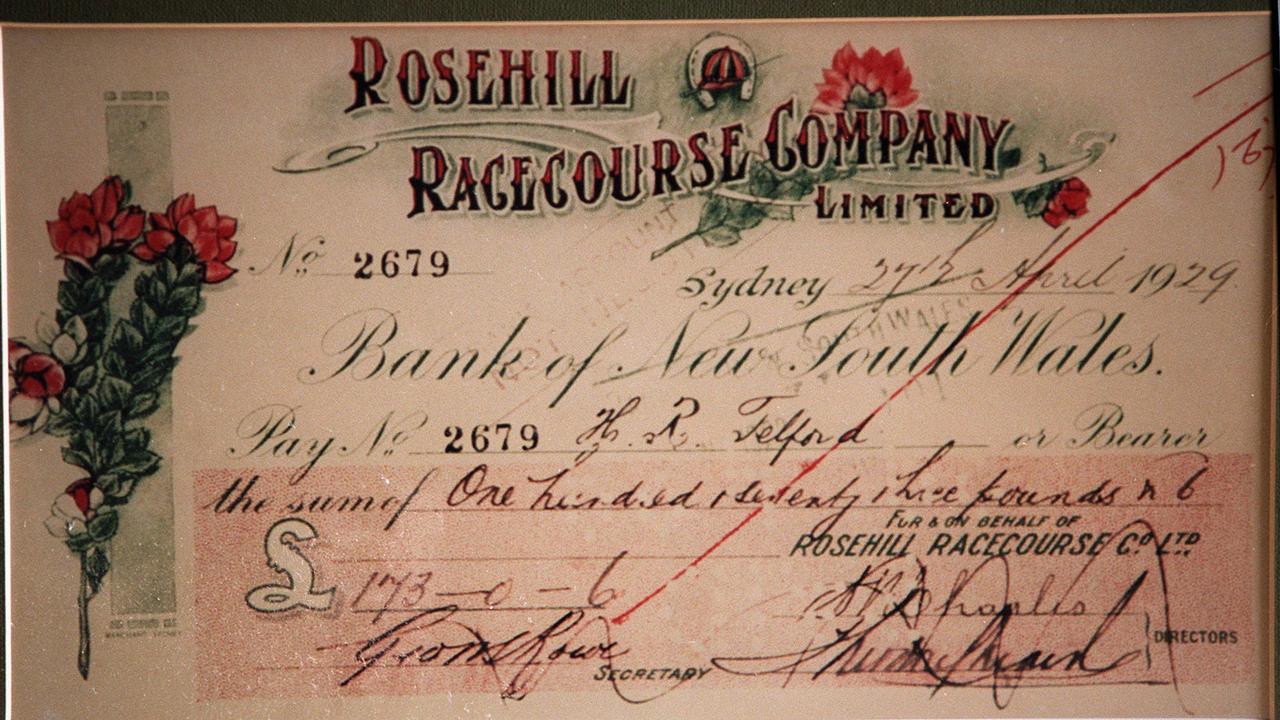 01 jul 1999 former jockey Jack Baker's link with Phar Lap. The first winning cheque won by Phar Lap 27/apr/1929 - sport horseracing prize from Rosehill Racecourse Company.