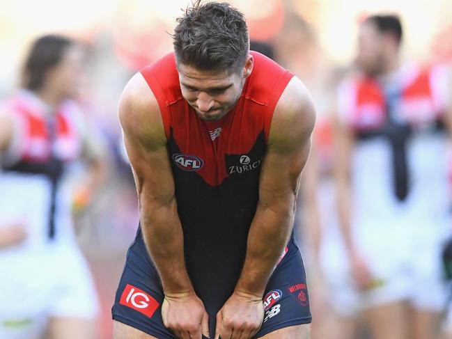 MELBOURNE, AUSTRALIA - JULY 01:  Jesse Hogan of the Demons looks dejected after losing the round 15 AFL match between the Melbourne Demons and the St Kilda Saints at Melbourne Cricket Ground on July 1, 2018 in Melbourne, Australia.  (Photo by Quinn Rooney/Getty Images)