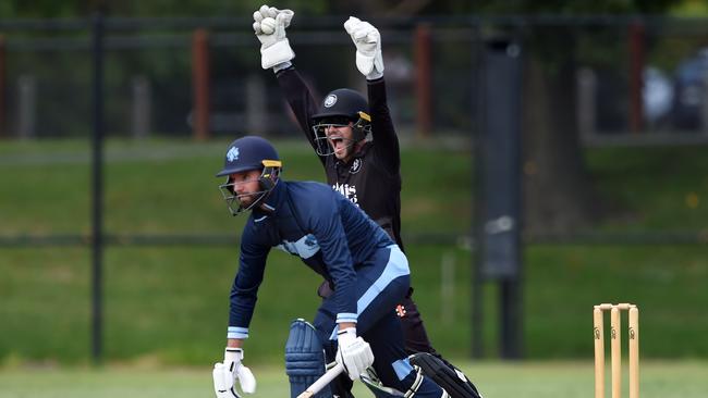 Brunswick keeper Karl Mayne celebrates catching Kew’s Matt Brown. Picture: Steve Tanner