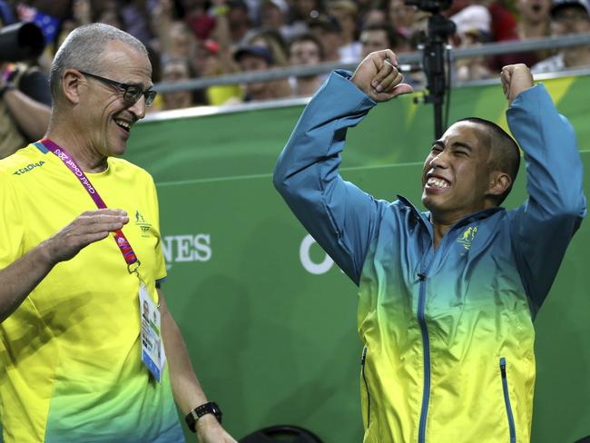 Christopher Remkes reacts after winning gold in the vault. Picture: AP