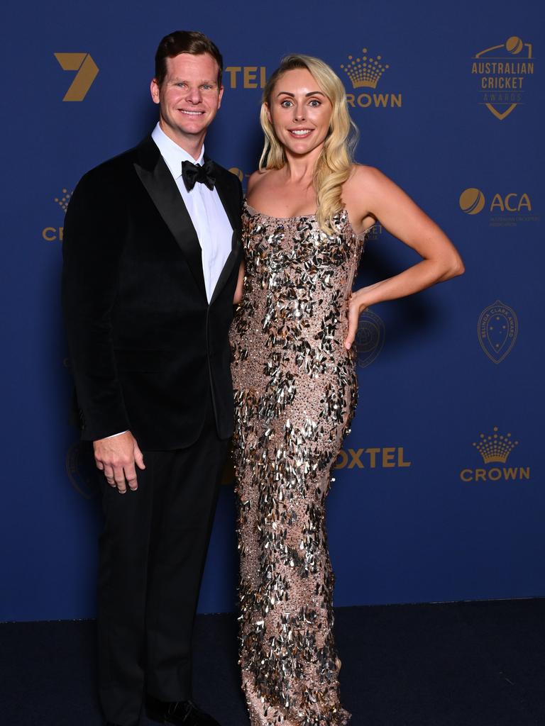 Steve Smith and Danielle Willis arrive ahead of the 2024 Cricket Australia Awards at Crown Palladium on January 31, 2024 in Melbourne, Australia. (Photo by Morgan Hancock/Getty Images for Cricket Australia)