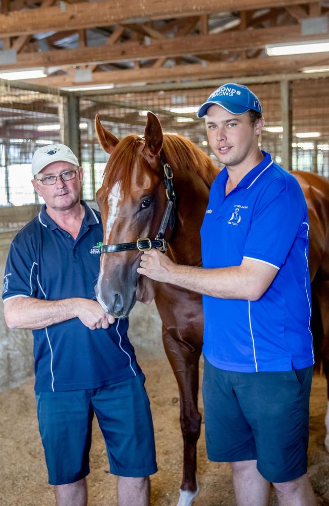 Father and son team Toby and Trent Edmonds with Wisdom Of Water ahead of Magic Millions race day. Picture: Luke Marsden