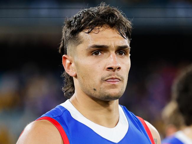 MELBOURNE, AUSTRALIA - SEPTEMBER 06: Jamarra Ugle-Hagan of the Bulldogs looks dejected after a loss during the 2024 AFL Second Elimination Final match between the Western Bulldogs and the Hawthorn Hawks at The Melbourne Cricket Ground on September 06, 2024 in Melbourne, Australia. (Photo by Dylan Burns/AFL Photos via Getty Images)