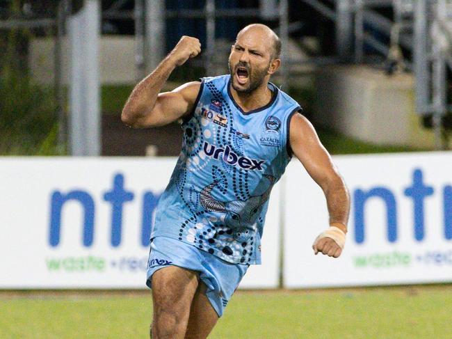 Buffalo Matt Campbell celebrates another goal. Picture: Celina Whan AFLNT/Media