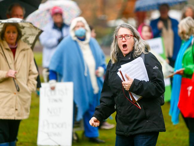 Westbury Residents Against the Prison president Linda Poulton chants 'no prison' at a community meeting regarding the Government's new preferred prison site at Bushy Rivulet on Birralee Rd. Picture: PATRICK GEE