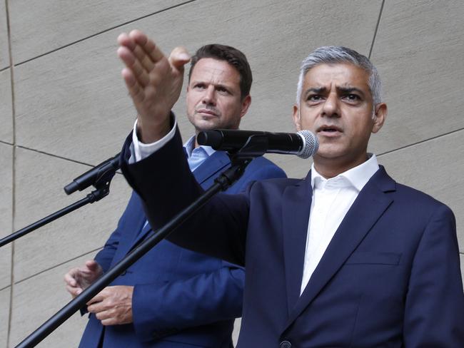 London Mayor Sadiq Khan, right, says removing statues of plantation owners and slave traders is “clear cut”. Picture: AP Photo/Czarek Sokolowski