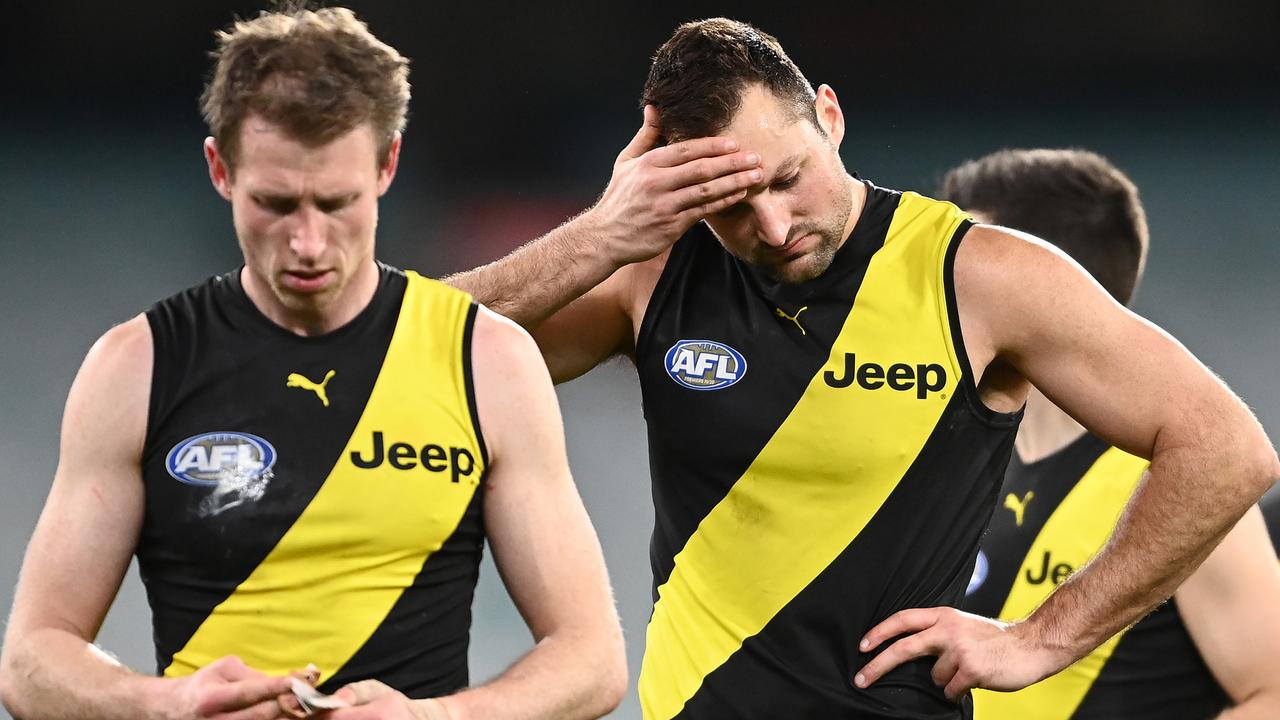 Dylan Grimes and Toby Nankervis look dejected after Richmond’s latest failure.