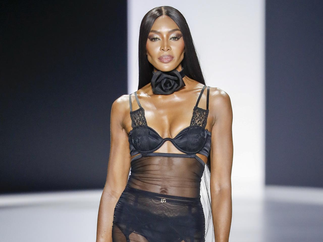 Naomi Campbell wears black lingerie on Dolce and Gabbana catwalk