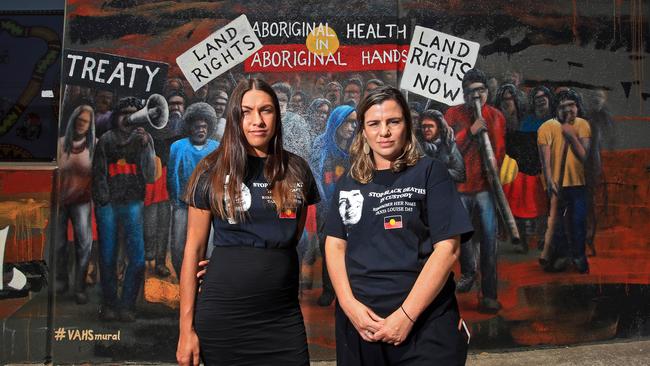 Apryl Day and Meriki Onus from Warriors for Aboriginal Resistance ahead of the upcoming Invasion Day rally. Picture: Aaron Francis