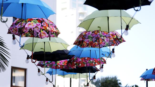 The signature umbrellas above the alfresco area at Hideaway Kitchen &amp; Bar. Photo: Jerad Williams