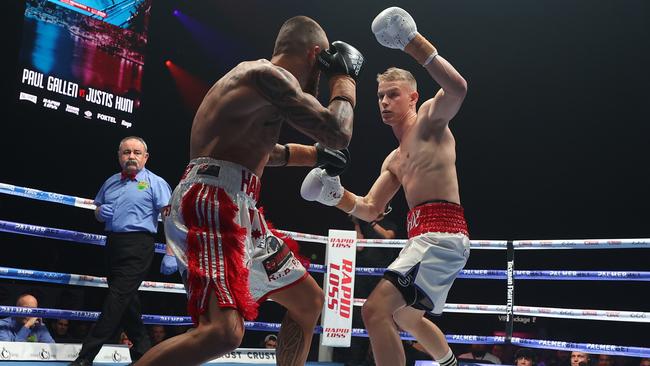 Pictured are boxers Andrei Mikhailovich and Alex Hanan during their under card fight ahead of the Australian Heavyweight Title fight between Paul Gallen and Justis Huni at the ICC in Sydney. Picture: Richard Dobson