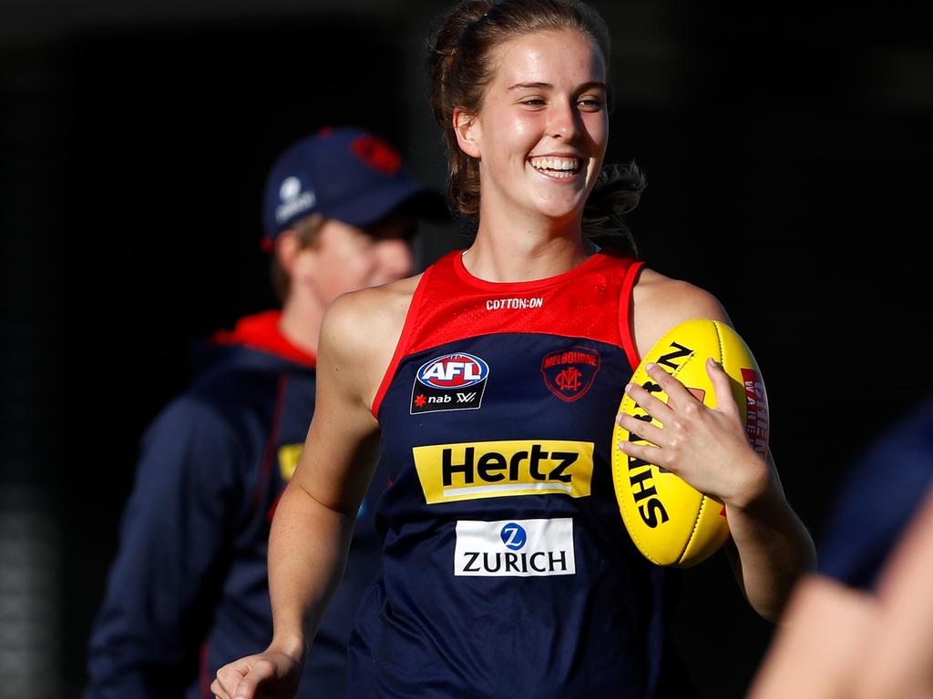 Maggie Caris spent three years on the Melbourne list. Picture: Dylan Burns/AFL Photos via Getty Images