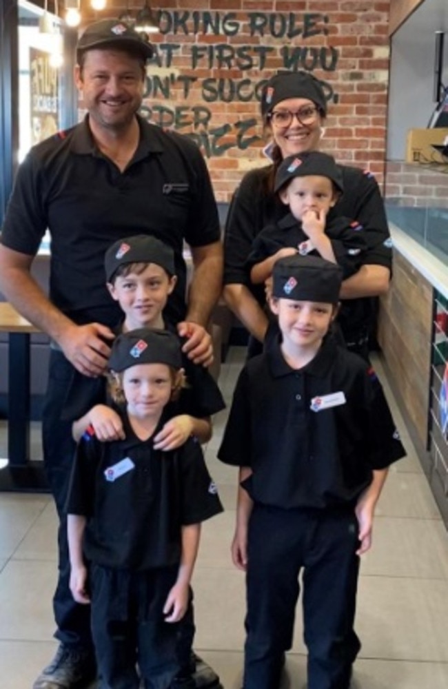 Pizza store prodigy Carl Sheppard, pictured with wife Brittany and their children, delivered dozens of positions to Townsville job seekers after opening the doors to a new pizza shop in Fairfield, adding to seven other stores already under his belt across the city and the state. Picture: Townsville Bulletin