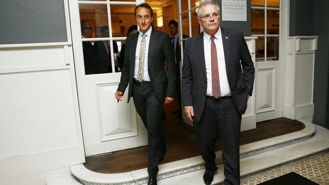 Liberal candidate for Wentworth Dave Sharma with Prime Minister Scott Morrison at the Watsons Bay Hotel. Picture: John Appleyard