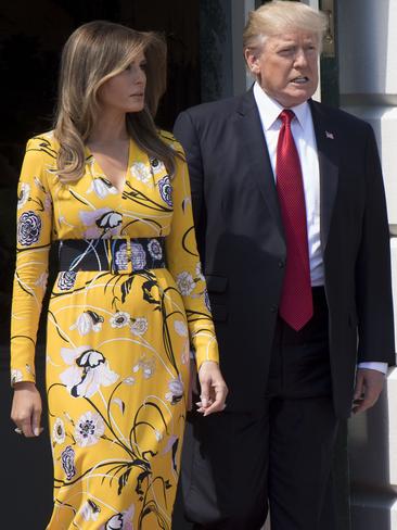 JUNE 26: A full-length, floral Emilio Pucci dress provided a departure from Melania’s usual style as she and the President welcomed Indian Prime Minister Narendra Modi to the White House. Picture: AFP