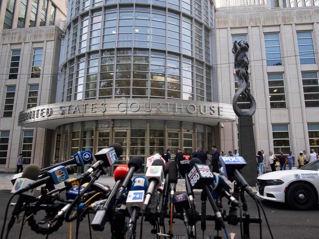 Microphones are set up outside Brooklyn Federal Court for Mexican drug lord Joaquin "El Chapo" Guzman's sentencing, in New York. Picture: AFP