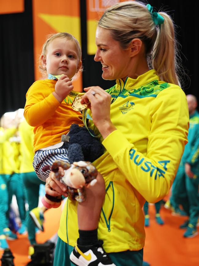 Gretel Bueta with son Bobby during the medal ceremony. Picture: Getty Images