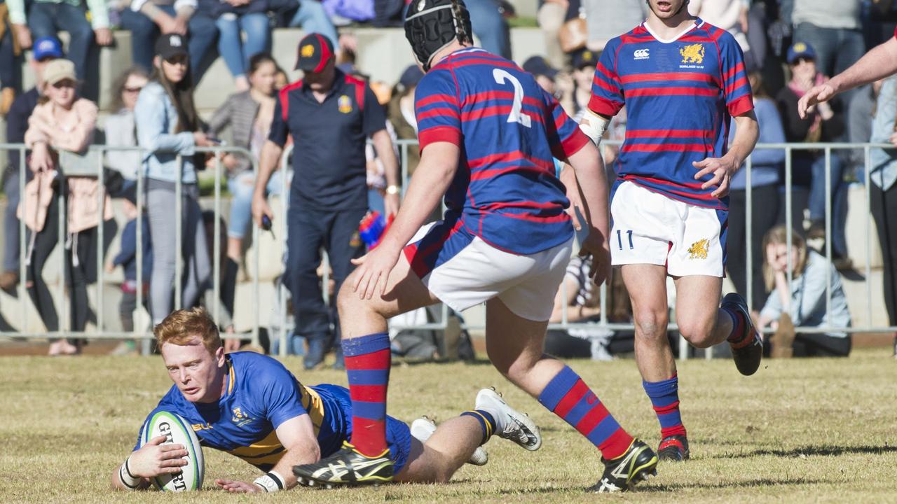 Lachlan Martyn scores a try for TGS. O'Callaghan Cup, Downlands vs TGS. Saturday, 21st Jul, 2018.