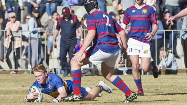 Lachlan Martyn scores a try for TGS. O'Callaghan Cup, Downlands vs TGS. Saturday, 21st Jul, 2018.