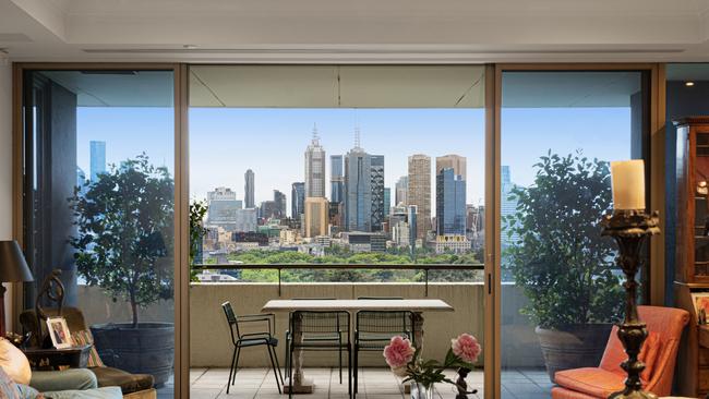 Views of the city from within the late Sir Rod Carnegie’s apartment at 161/1 Albert Road.