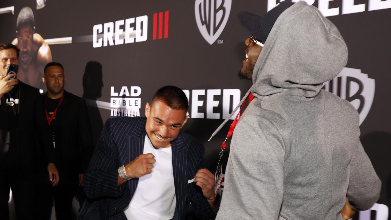 World title rivals Tim Tszyu and Tony Harrison share a lighter moment. Picture: Jonathan Ng