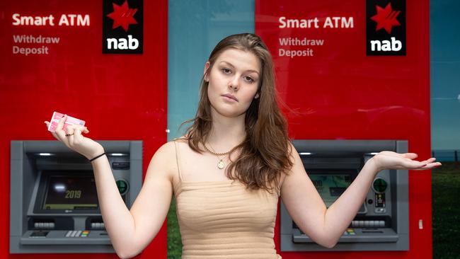 Mariah Black, 19, from Chadstone pays an account-keeping fee of $5 per month for her daily bank account with ANZ.  Picture: Sarah Matray