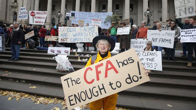 CFA volunteer Fiona Evans protesting the free camping regulations. Picture: Yuri Kouzmin