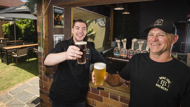 Bone Idol bar venue manager Calum Gunnis (left) with brewer Tim Anderssen at the new Ruthven St bar, Friday, November 10, 2023. Picture: Kevin Farmer