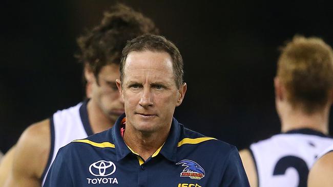 Adelaide coach Don Pyke addresses his players during three quarter time during the losing effort against North Melbourne at Marvel Stadium. Picture: Michael Klein.