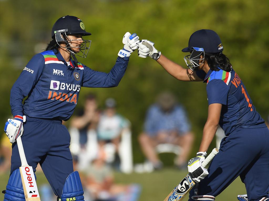 Mandhana posted 86 runs but was dismissed by McGrath. (Photo by Albert Perez/Getty Images)