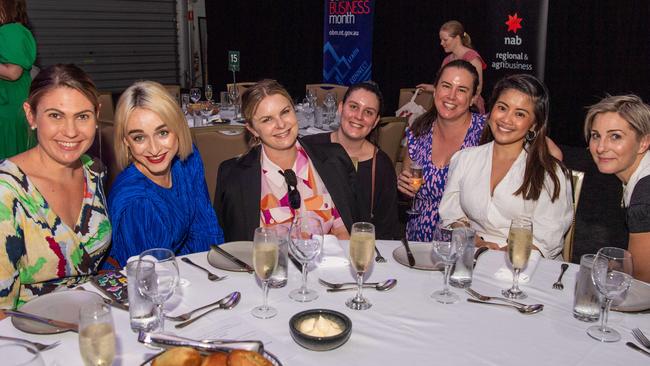 L-R Gemma Chohdri, Sophie Gallagher, Laura Angus, Sarah Robinson, Zoe Mcmanus, Bec Campart and Claire Ashard at the October Business Month 2023 in Mindil Beach Casino Resort, Darwin. Picture: Pema Tamang Pakhrin