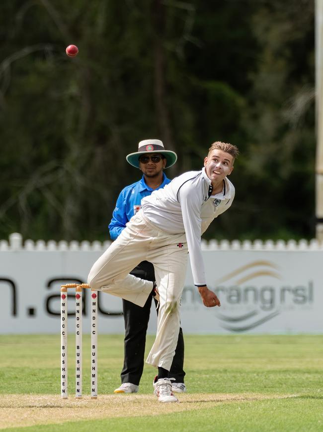Broadbeach Robina's Matt Littlechild bowls against Mudgeeraba Nerang on Saturday. Picture: KPM Sports Images