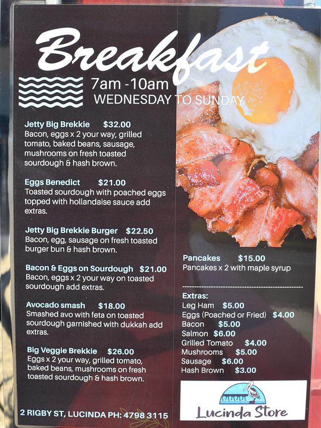 The Breakfast Menu at the iconic Lucinda Store fish-and-chip shop overlooking the Lucinda Sugar Jetty and Hinchinbrook Island. Picture: Cameron Bates