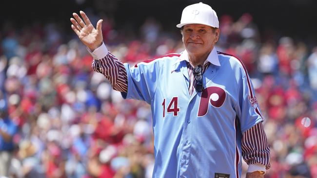 Former Philadelphia Phillies player Pete Rose acknowledges the crowd prior to the game against the Washington Nationals in 2022. Picture: Mitchell Leff/Getty Images