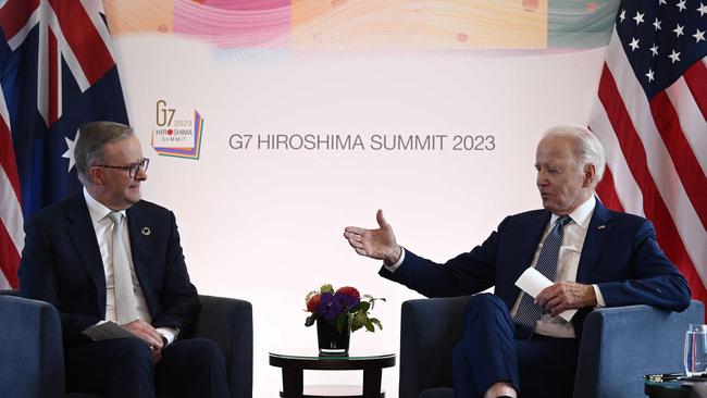 Joe Biden speaks with Anthony Albanese during their bilateral meeting as part of the G7 Leaders' Summit in Hiroshima on Saturday. Picture: AFP