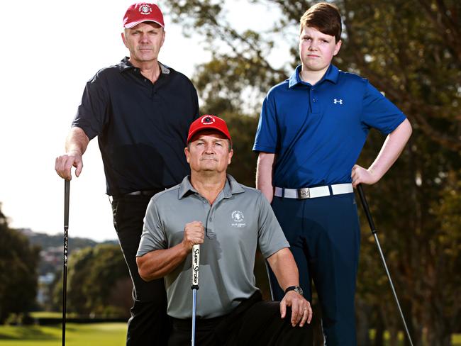 Golfers like Rob Richards, Steve Springall and Dean Richards at Warringah Golf Club are in limbo. Picture: Adam Yip.