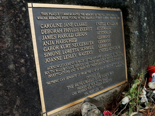 A memorial plague unveiled in Belanglo State Forest by former NSW Premier John Fahey with the names of Milat’s seven victims. Picture: Adam Taylor