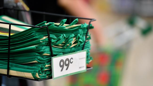 Environmentally-friendly shopping bags at Woolworths Dural, Sydney, Wednesday, April 4, 2018. The Dural store is one of three NSW Woolworths retailers to go plastic bag free (or charge for plastic bags) as of today. (AAP Image/Joel Carrett)