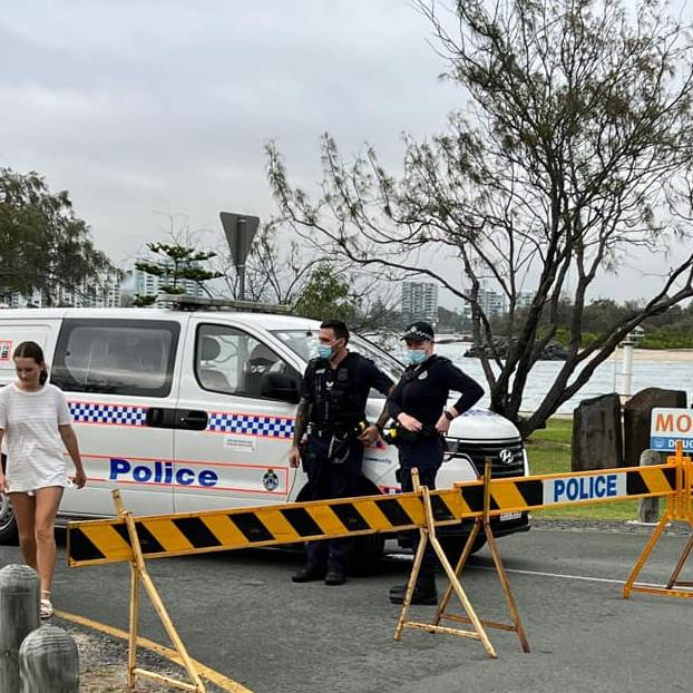 The police blockade on Moondarewa Spit Road at The Spit on the Gold Coast this Australia Day. Picture: Alana Little/Supplied