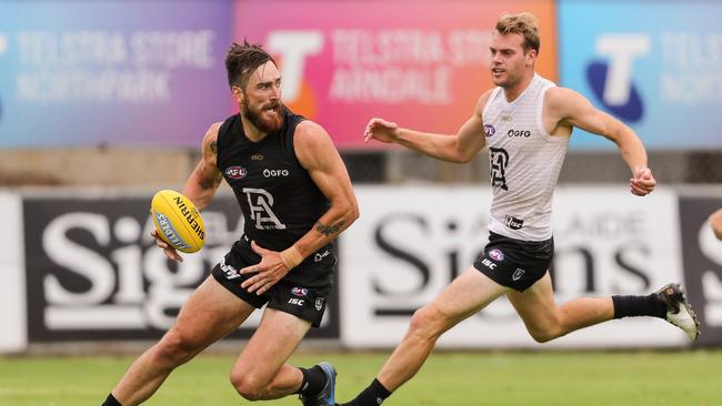 Charlie Dixon looked strong and moved well for team black in Port’s internal trial on Friday night. Picture: Matt Turner/AFL Photos via Getty Images