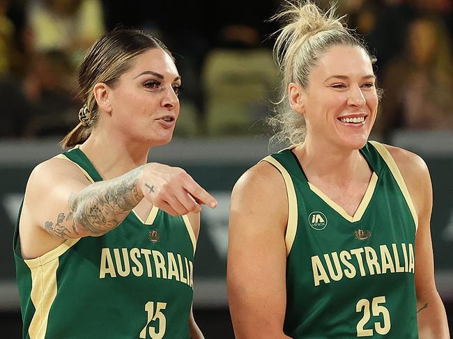 MELBOURNE, AUSTRALIA - JULY 05: Cayla George of the Opals and Lauren Jackson of the Opals react during the game between the Australia Opals and China at John Cain Arena on July 05, 2024 in Melbourne, Australia. (Photo by Kelly Defina/Getty Images)