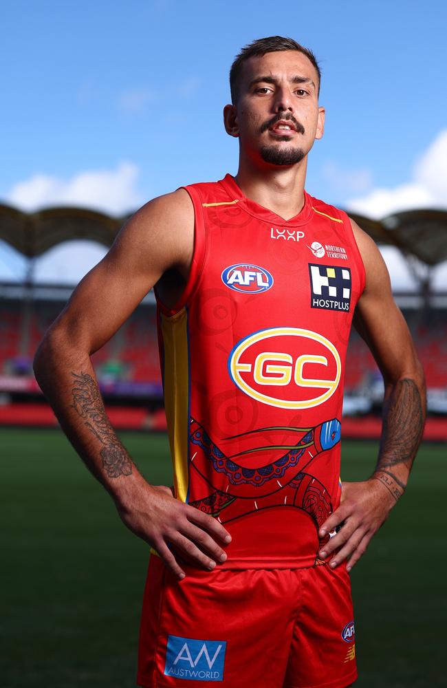 Joel Jeffrey poses during the Gold Coast Suns AFL Indigenous Guernsey Launch. Picture: Chris Hyde/Getty Images