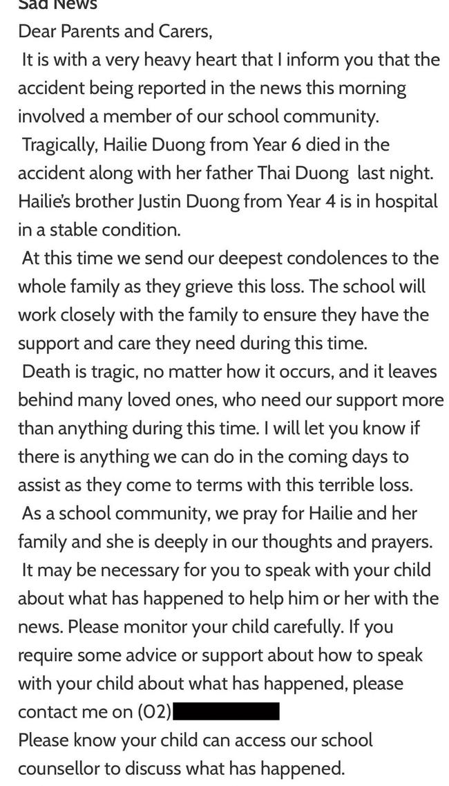 An email informed the school community about the deaths on Monday morning.