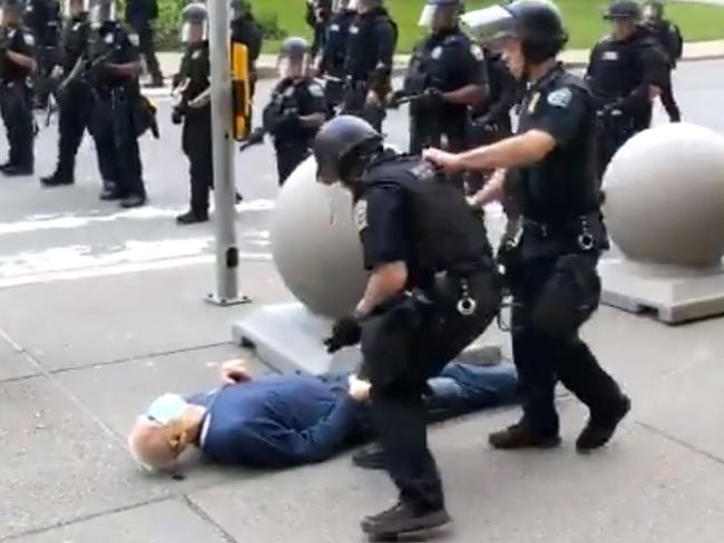 Martin Gugino, 75, falls to the ground after being shoved by Buffalo, New York, police, on June 4. Picture: Mike Desmond / WBFO NPR / AFP