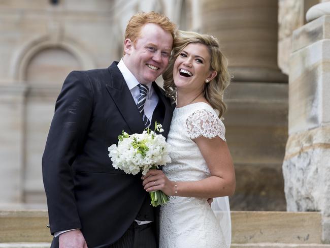 Sarah Harris ion her wedding day with husband Tom Ward. Picture: James Horan